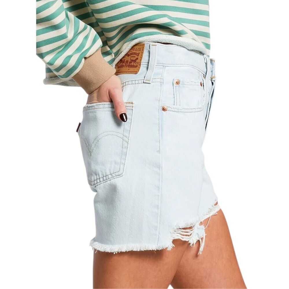 Levi’s 501 Mid Thigh Shorts High Rise Light Wash Button Fly Distresses Denim NWT - Picture 4 of 13